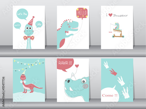 Set of cute cards,poster,template,greeting cards,animals,dinosaurs,Vector illust Poster