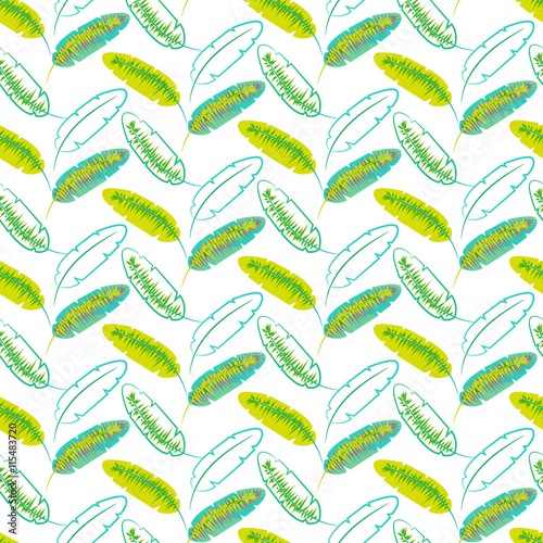 Leinwand Poster Green banana palm leaves seamless vector pattern on white background