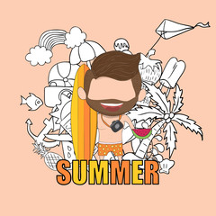 Vector illustration of a happy face man with beard summer symbol