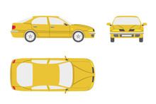Yellow Car On A White Background . Three Views : Front, Side , T
