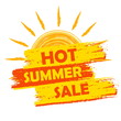 hot summer sale with sun sign, yellow and orange drawn label, ve