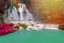 Waterfall In Rain Forest (Tat Kuang Si Waterfalls At Luang Praba