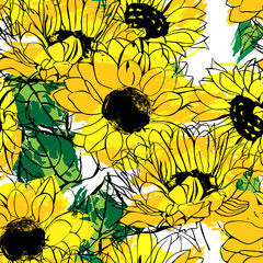 Seamless vector pattern with golden yellow and orange sunflowers