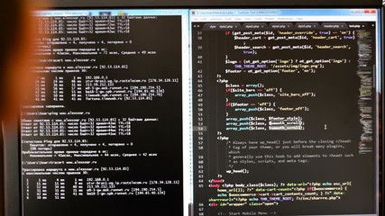 The programmer at work. The code of the website on the computer monitor.