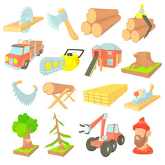 Timber industry icons set in cartoon ctyle. Lumberjack equipment set collection vector illustration