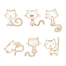 Cartoon Doodle Cats Set. Six Little Cute Kittens. Children's Illustration. Funny Animals. Vector Contour Image No Fill.