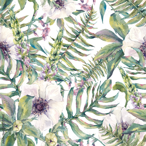 Foto-Gardine - Watercolor leaf seamless pattern with ferns and flowers (von depiano)