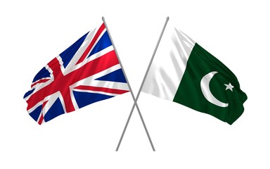 Wall Mural - 3d illustration of UK and Pakistan flags together waving in the wind