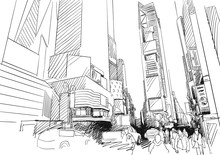 Time Square, New York City. Hand-drawn Vector Outline Sketch