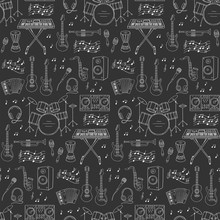 Music Icons Vector Illustrations Hand Drawn Doodle Seamless Background.  Musical Instruments And Symbols Guitar, Drum Set, Synthesizer, Dj Mixer, Stereo, Microphone,  Accordion,saxophone, Headphones.