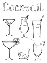 Cocktail Glass Drink Set Text Graphic Art Black White Isolated Illustration Vector