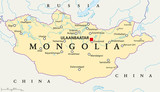 Fototapeta  - Mongolia political map with capital Ulaanbaatar, national borders, important cities, rivers and lakes. Landlocked sovereign state in East Asia, bordered to China and Russia. English labeling.