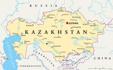 Kazakhstan political map with capital Astana, national borders, important cities, rivers and lakes. Republic in Central Asia and the worlds largest landlocked country. English labeling. Illustration.