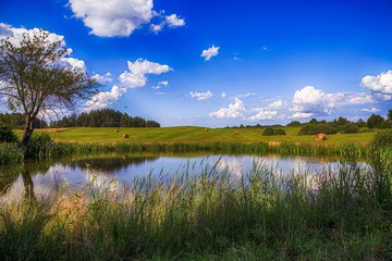 haystacks on the field with a pond in Poland