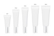 White cosmetic tube collection arranged in order of size from small to large. Container vector for a mock up isolated on white background.