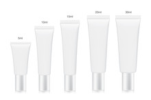 White Cosmetic Tube Collection Arranged In Order Of Size From Small To Large. Container Vector For A Mock Up Isolated On White Background.