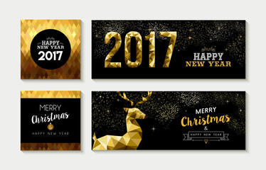 Merry christmas 2017 gold card and banner set