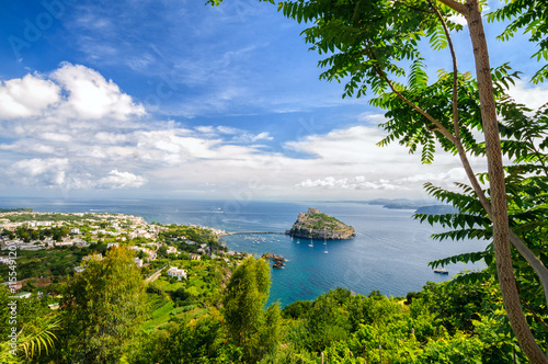 Cuadros en Lienzo Aerial view on Aragonese castle through foliage, Ischia, Italy