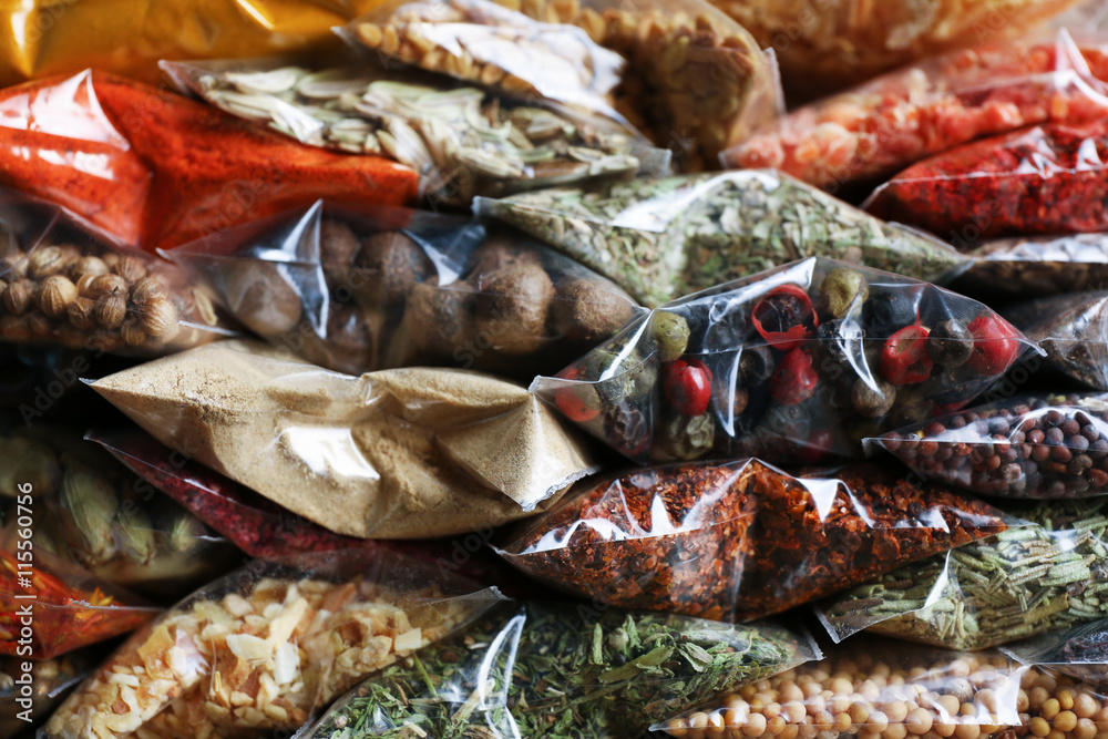 Different spices in plastic zipper bags