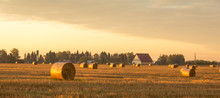Hay-roll On Meadow Against Sunset Background