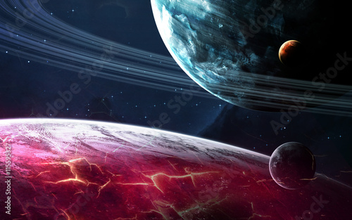 Zdjęcie XXL Abstrakcjonistyczny naukowy tło - rozjarzona planeta w przestrzeni, mgławicy i gwiazdach. Elementy tego obrazu dostarczone przez NASA