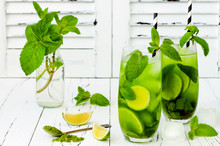 Matcha Iced Green Tea With Lime And Fresh Mint On White Rustic Background. Super Food Drink