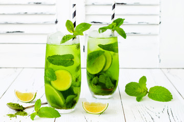 Wall Mural - Matcha iced green tea with lime and fresh mint on white rustic background. Super food drink