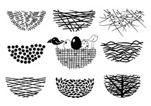 Set Icons Bird's Nest For A Logo Or Emblem In The Technique Of Sketching. Vector Graphics. Two Funny Birds And Eggs.