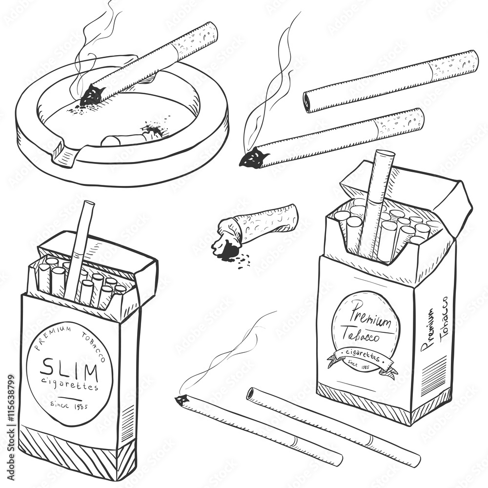 Vector Set of Sketch Cigarettes and Cigarette Boxes. Stock Vector