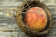 Juicy peach in coconut shell on wooden background, place for text closeup