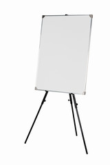 Empty whiteboard on black tripod isolated on white background