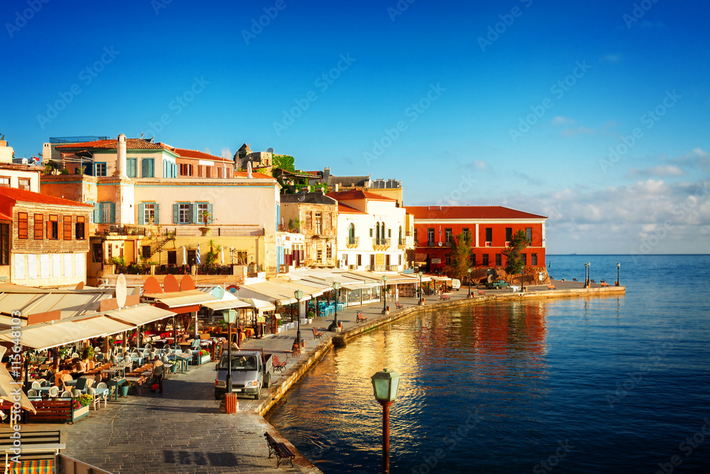 bay of Chania at sunny summer day, Crete Greece, toned - obrazy, fototapety, plakaty 