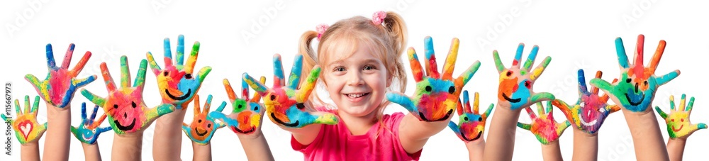 Children In Creativity - Hands Painted With Smiles
 - obrazy, fototapety, plakaty 