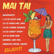 Hand Drawn Hula Girl And Mai Tai Cocktail