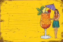 Hand Drawn Hula Girl And Mai Tai Cocktail On A Wooden Board