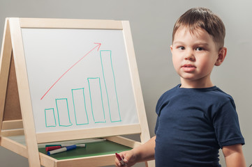 Child stands at the blackboard with a diagram drawn