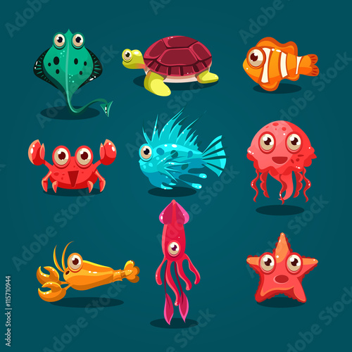 Photo Cute Sea Life Creatures Cartoon Animals Set