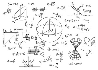 Hand drawn physics formulas Science knowledge education.