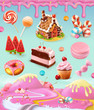 © Natis - Confectionery and desserts, cake, cupcake, candy, lollipop, whipped cream, icing, set of vector graphics objects with sweet pink background, mesh illustration