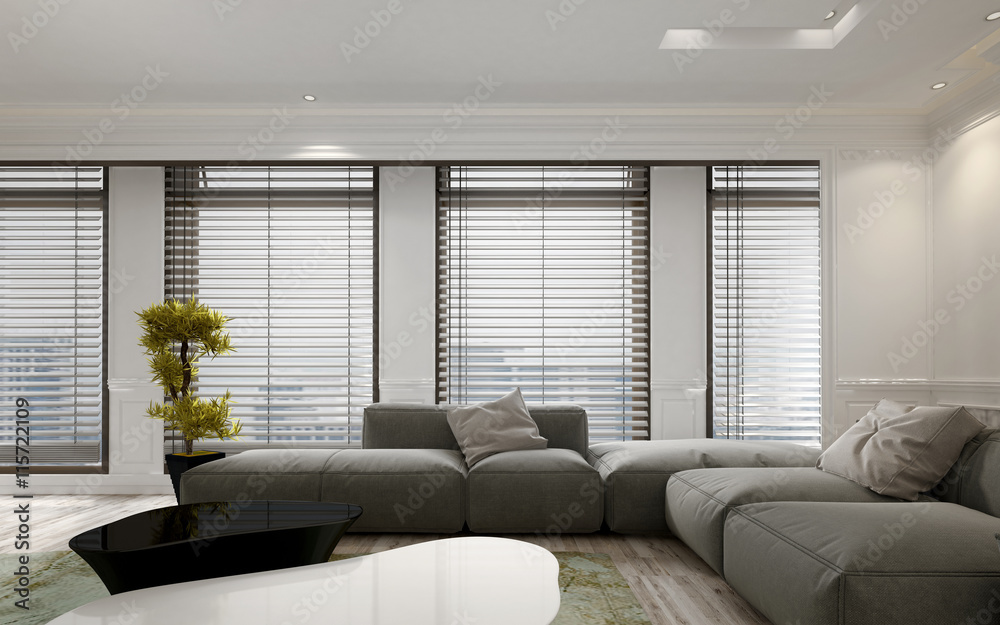 Living room interior with blinds and houseplant - obrazy, fototapety, plakaty 