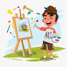 Artist Boy Painting On Canvas With Art Icons. Character Design.