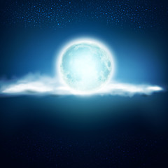 vector background with a full moon and clouds on a dark blue bac