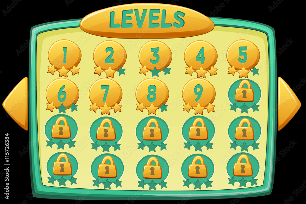 Level selection. Vector graphical user interface (UI GUI) for 2d video ...