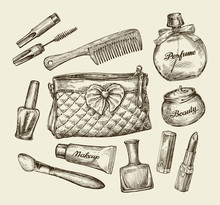 Hand Drawn Vintage Womens Cosmetics. Sketch Cosmetic Bag, Face Cream, Lipstick, Perfume, Comb, Concealer, Mascara, Makeup Brush. Vector Illustration