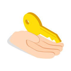 Poster - Hand holds key icon in isometric 3d style isolated on white background. Doors and locks symbol