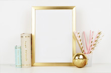 Gold Picture Frame With Decorations. Mock Up For Your Photo Or Text Place Your Work, Print Art,shabby Style, White Background, Paper Ball, Toy, Pastel Color Book