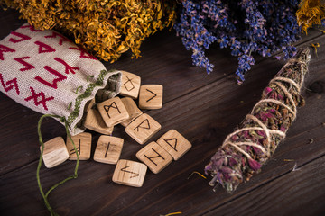 Bunch Of Dried Herb That Usually Is Used In Different Ritual, Magic And Cleaning, runes, old envelope with wax stamp  candle