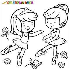 Wall Mural - Ballerina girls dancing. Vector black and white coloring page