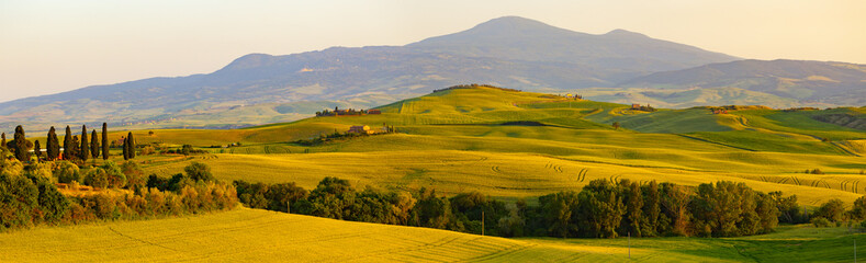 tuscany landscape panorama at sunrise