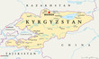 Kyrgyzstan political map with capital Bishkek, national borders, important cities, rivers and lakes. Kyrgyz Republic, formerly known as Kirghizia. Landlocked country in Central Asia. English labeling.